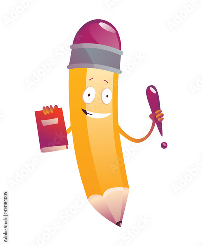 Pencil cartoon. Cute humanized pencil character with arms and face emoji illustration with book