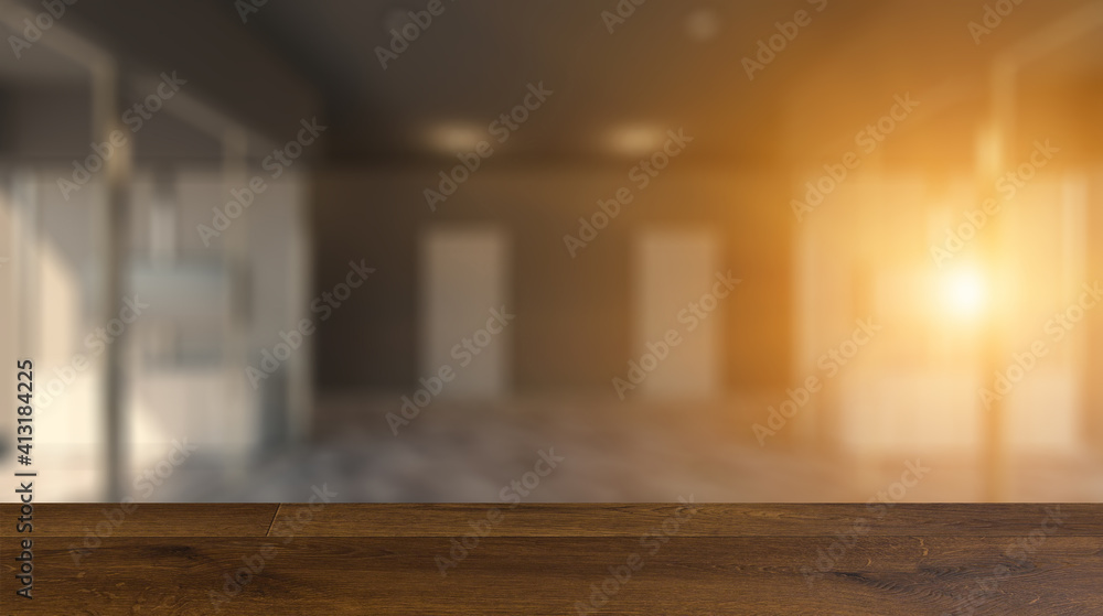 Background with empty table. Flooring. Modern office Cabinet.  3D rendering.   Meeting room. Sunset.