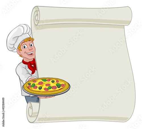A chef cook cartoon man character peeking around a background scroll sign and holding a pizza.
