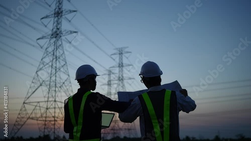 Two electrical engineers discussing a project on a high-voltage tower in the evening.
