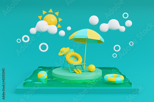 3d rendering of summer vacation concept with beach chair,umbrella and summer elements.3d rendering.