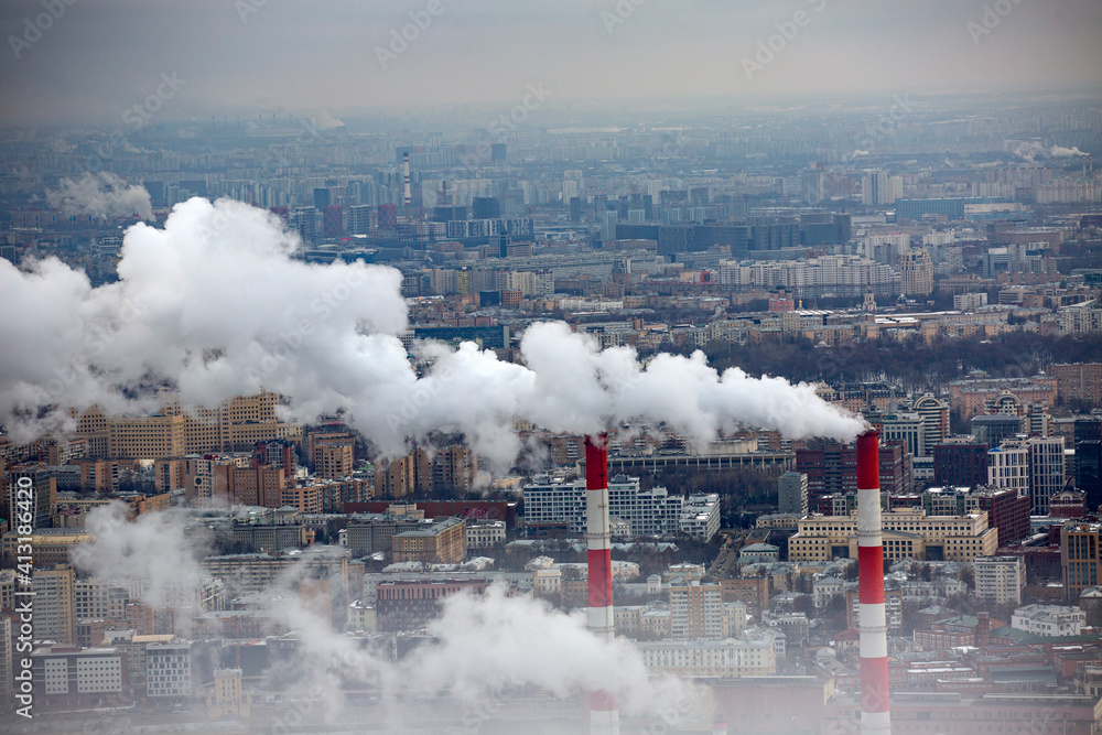Environmental problem of environmental pollution and air in large cities. A bird's eye view of the city.
