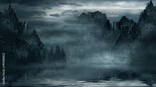 Night fantasy Futuristic landscape with abstract mountains and island on the water, moonlight. Dark natural scene with reflection of light in the water, neon blue light. Dark, dramatic forest. 