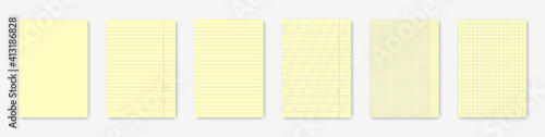 Realistic yellow notebook sheets: striped, checked, with margins, for writing, empty. Isolated on a light background with realistic shadows. Vector illustration EPS10