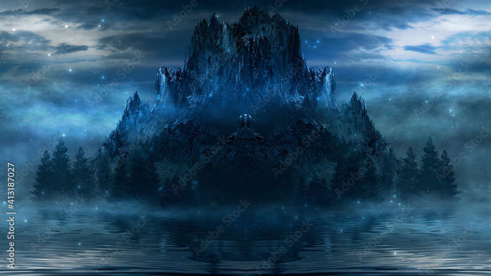 Obraz premium Night fantasy Futuristic landscape with abstract mountains and island on the water, moonlight. Dark natural scene with reflection of light in the water, neon blue light. Dark, dramatic forest. 