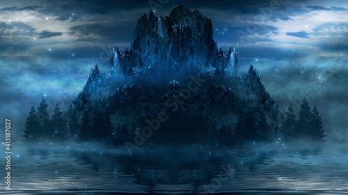 Night fantasy Futuristic landscape with abstract mountains and island on the water, moonlight. Dark natural scene with reflection of light in the water, neon blue light. Dark, dramatic forest. 