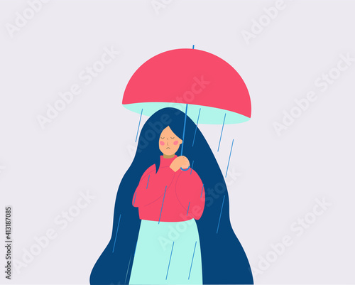 Sad girl holds an open umbrella which does not cover her from the rain. Colorful woman in a depressive state. female with mental health or broken heart concept. Flat vector illustration.  