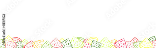 Crayon watermelon border. Children drawing chalk style watermelon frame. Hand drawn wax crayons art on white. Color pastel crayons freehand drawn watermelon slice banner. Color melon texture.