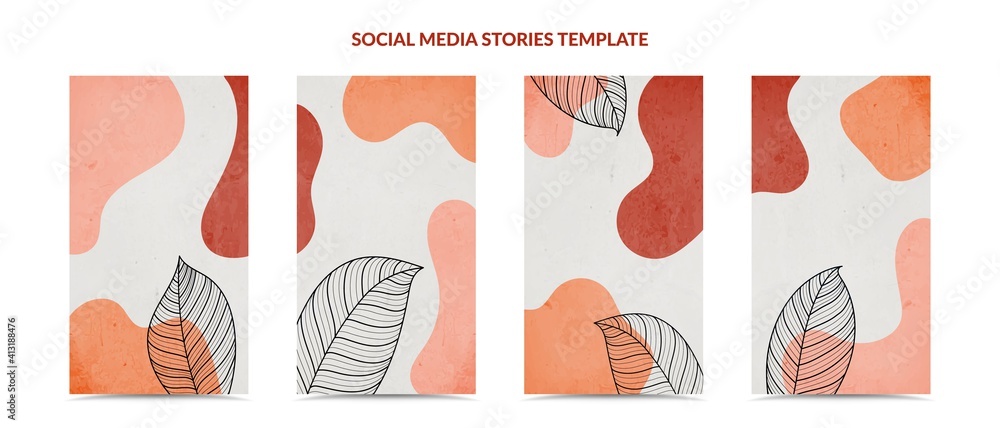 Social media stories and post creative cover set. Minimal trendy hand draw style. Background template with design by abstract colored shapes, line arts. Vector illustration.