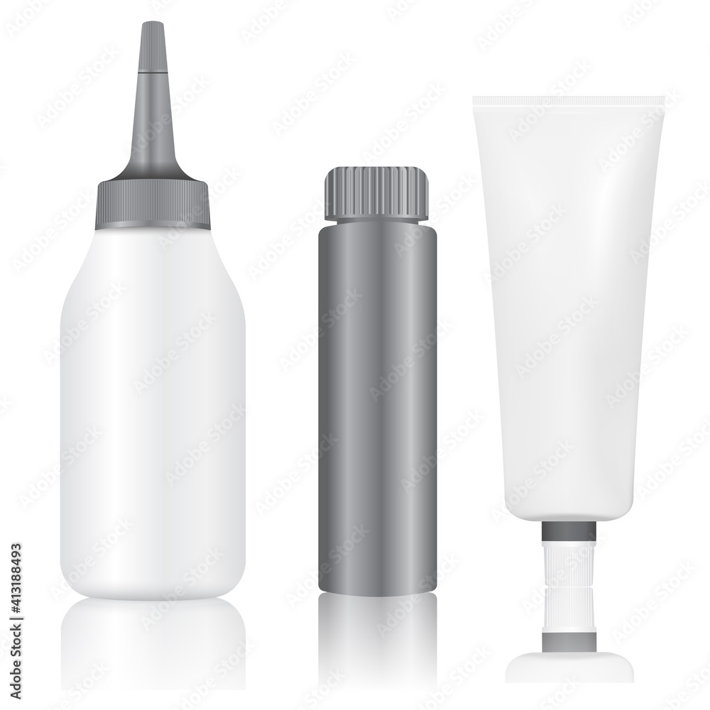 Vettoriale Stock Dye Hair color paint tube bottle package mockup. Isolated  hair product silver packaging. Woman makeup products container. Hair paint  bottle illustration kit for your logo isolated on white background