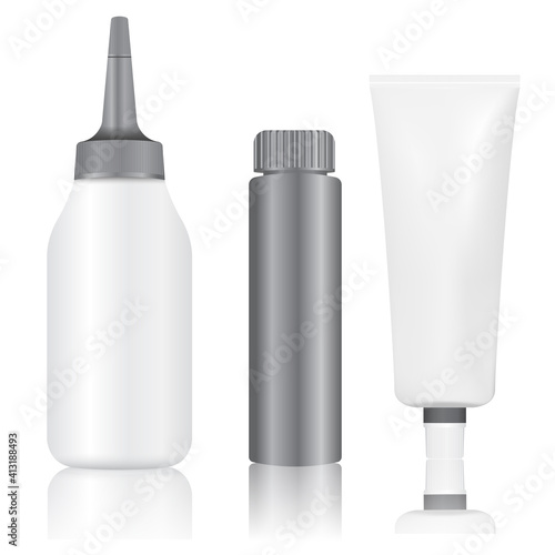 Dye Hair color paint tube bottle package mockup. Isolated hair product silver packaging. Woman makeup products container. Hair paint bottle illustration kit for your logo isolated on white background