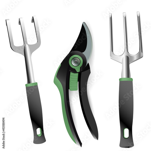 Garden tool set, vector illustration, fork, rake, agriculture equipment. Realistic gardening tools, scissors, farm yard work instrument design