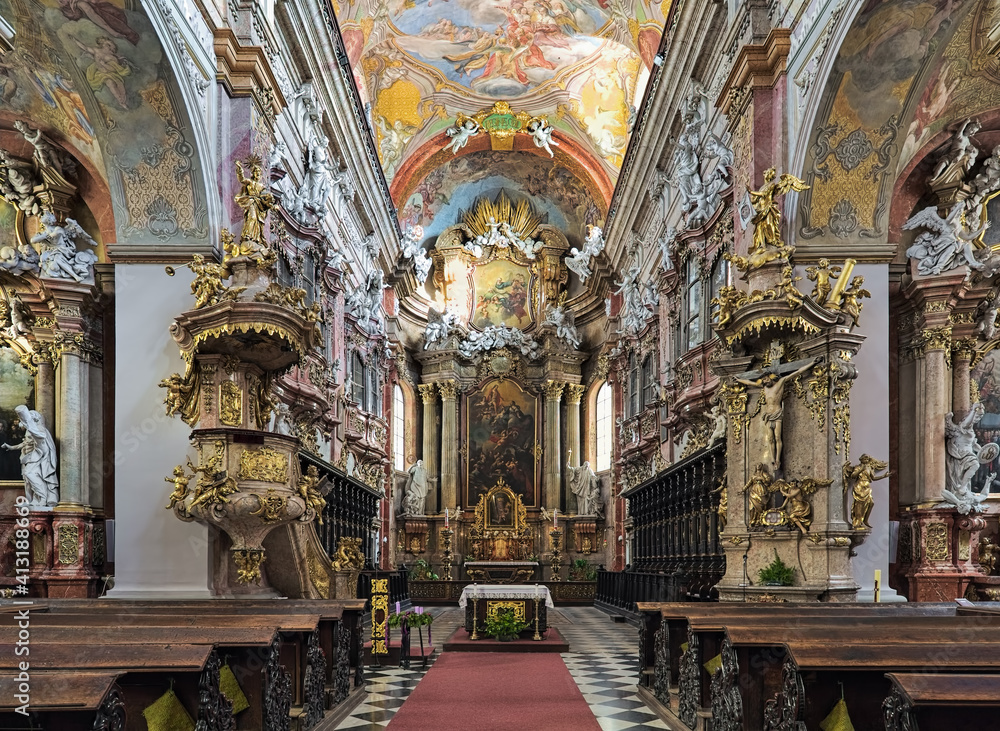 Brno, Czech Republic. Choir and altar of Church of the Assumption of the Virgin Mary, also known as Jesuit Church. The church was built in 1598-1602 and modified in the 17th and 18th centuries.