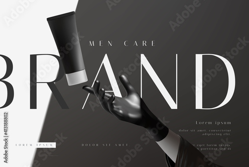 Elegant black and white cosmetic, sunscreen, men care product ads presentation template. 3d realistic hand gesture render vector illustration