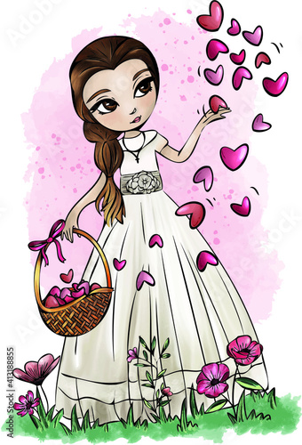Communion girl. Beautiful girl dressed for her First Communion carrying a wicker basket and handing out hearts. Vector Illustration. Watercolor.