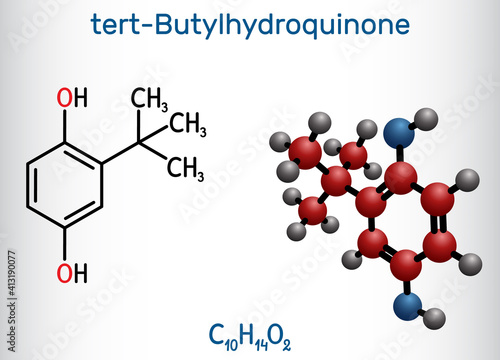 TBHQ, tert-Butylhydroquinone, tertiary butylhydroquinone molecule. It is antioxidant, food additive E319, derivative of hydroquinone. Structural chemical formula, molecule model