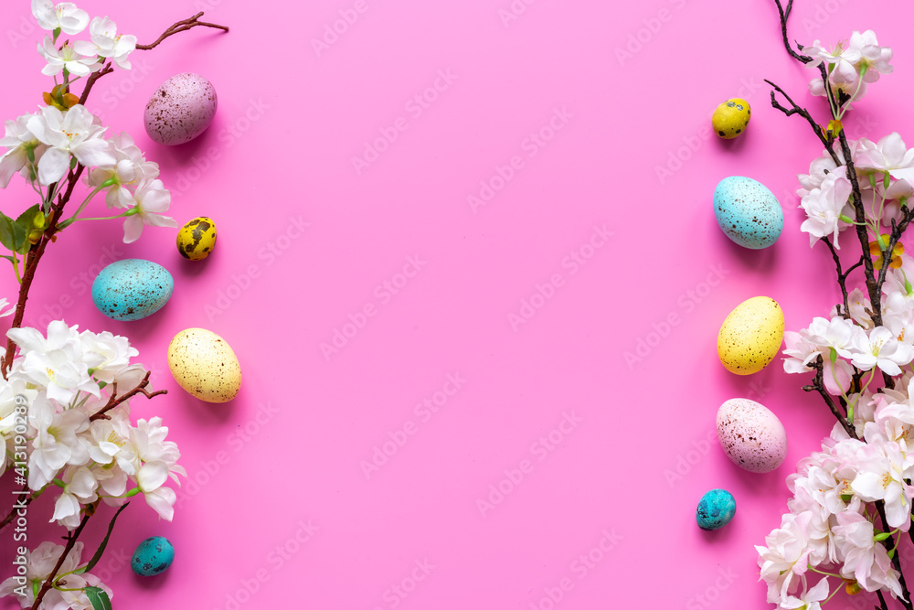 Happy Easter with eggs and flowering branch, top view Happy Easter with eggs and flowering branch, top view