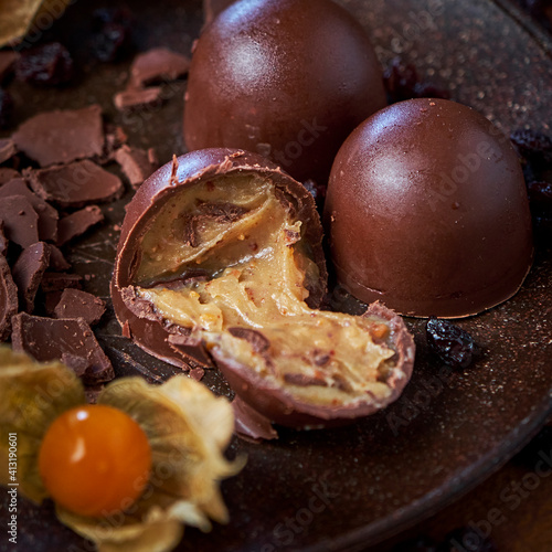 Chocolate truffles on a plate.