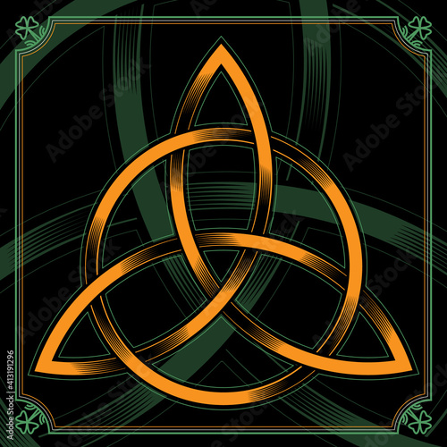 Celtic Triad symbol. Vector illustration of triquetra figure in engraving technique on black background. 