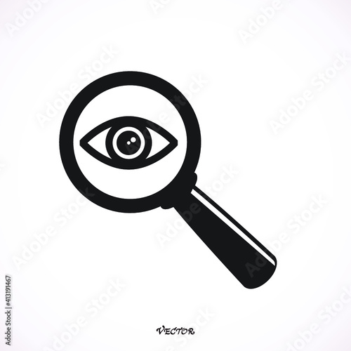 magnifying glass and eye vector icon. Isolated on White Background