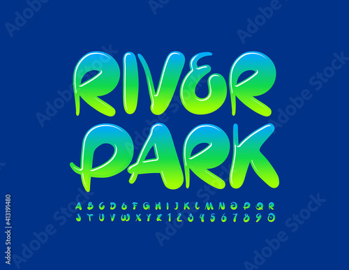 Vector artistic sign River Park. Glossy creative Font. Handwritten Alphabet Letters and Numbers set