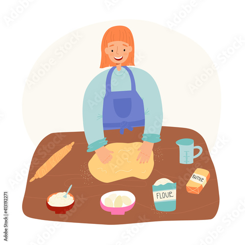 Young woman enjoys baking, make dough and beat it. Ingredients like butter, flour, sugar and eggs lie nearby.