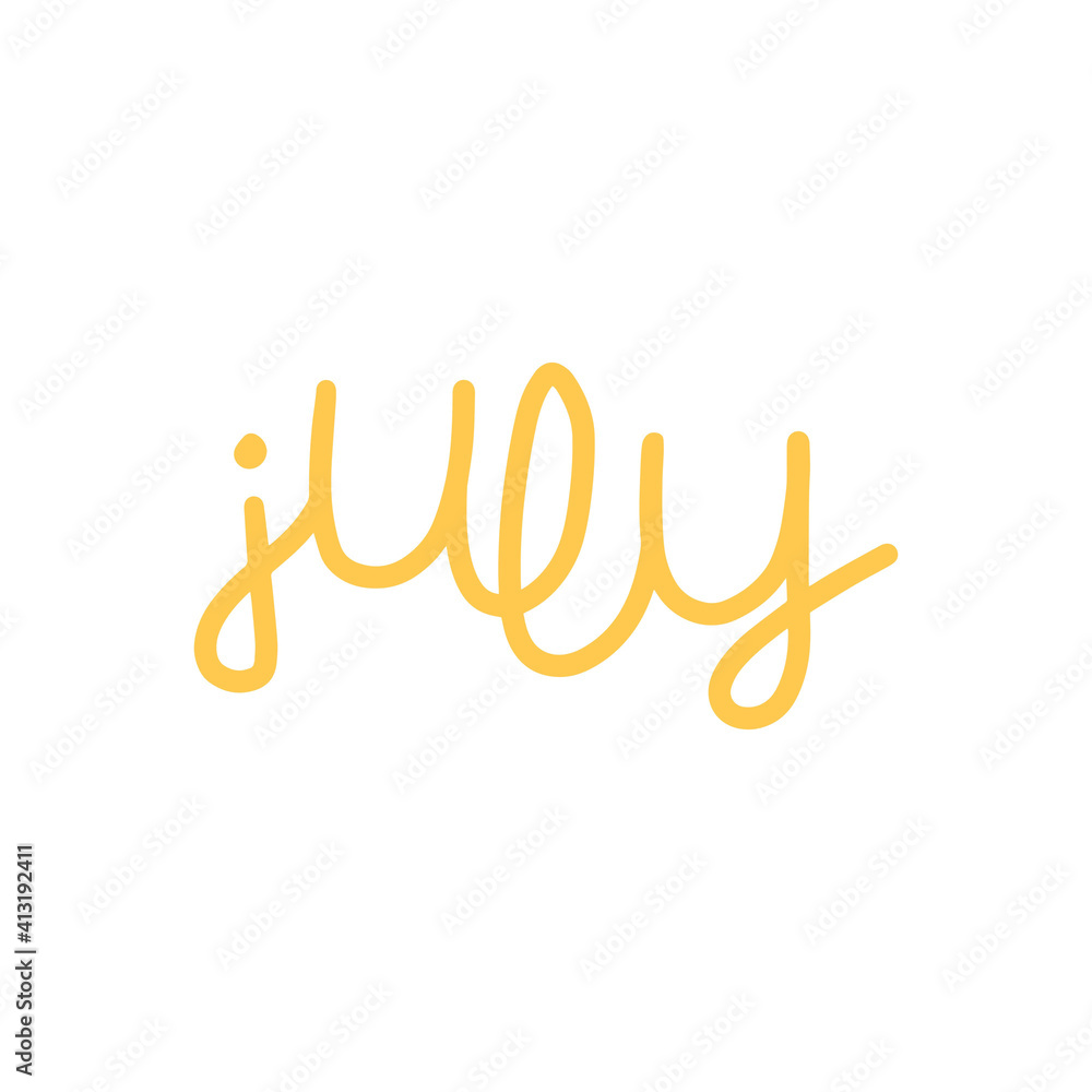 Hand drawn lettering phrase July. Month July for calendar. Ink brush lettering for winter invitation card. Hand drawn lettering phrase July. Month July for calendar. Ink brush lettering for winter invitation card.