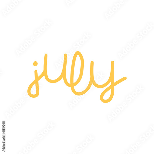 Hand drawn lettering phrase July. Month July for calendar. Ink brush lettering for winter invitation card.