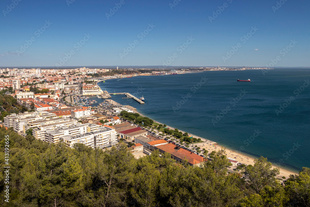 View of Setúbal bay and the city, in Portugal, from the São Filipe fort on a summer day.