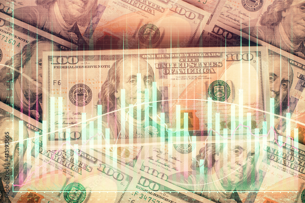Multi exposure of forex chart drawing over us dollars bill background. Concept of financial success markets. Multi exposure of forex chart drawing over us dollars bill background. Concept of financial success markets.