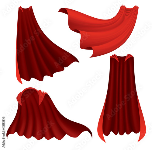 Superhero red cape. Scarlet fabric silk cloak in different position, front back and side view. Carnival or masquerade dress, 3d realistic costume design. Silk flying capes