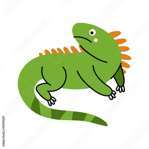 Cute green iguana isolated on white background. Cartoon vector illustration.