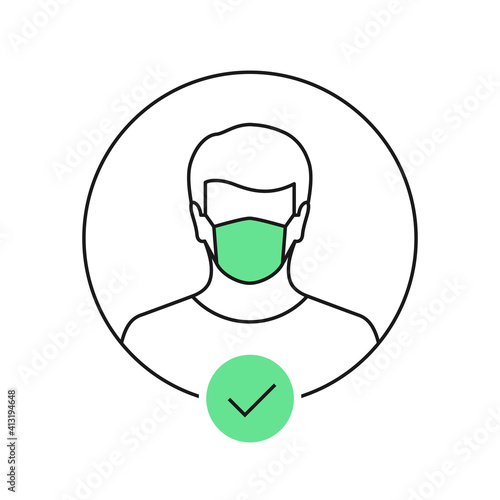 Person wearing face mask. Human outline, circle shape and check mark symbol with green color as sign or icon concept. Vector illustration in thin line art isolated on white background. 