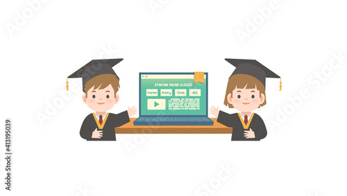 A boy and a girl in graduation gown standing in front the online class in the laptop illustration vector on white background. Education concept