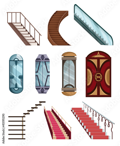Lift mechanisms or elevators collection and stairs set. Doors of cabins to mechanical lift. Isolated cartoon flat vector icons. Elements for hotel lobby or shopping center