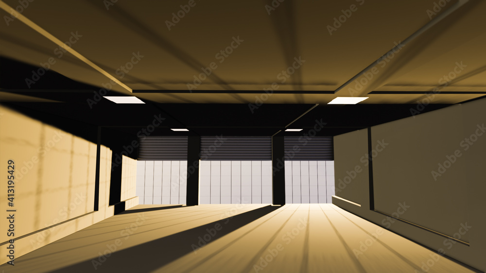 Warehouse interior concept Industrial hall with lots of space and big emptiness in it 3D rendering