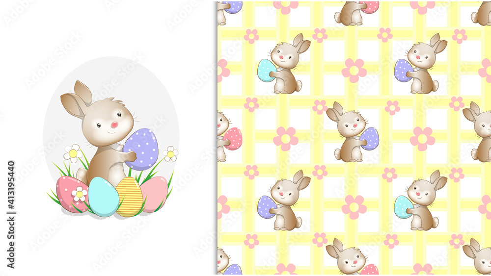 A cute Easter bunny hugged a purple egg decorated with white dots on a blue background surrounded by flowers and colorful eggs and Bunny seamless Pattern set. A cute Easter bunny hugged a purple egg decorated with white dots on a blue background surrounded by flowers and colorful eggs and Bunny seamless Pattern set.