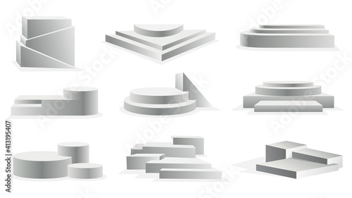 Collection of podium realistic. Showroom pedestals floor stage platforms vector isolated mockup. 3D realistic empty podiums with steps. Concept of showcase for product, promotion sale or presentation