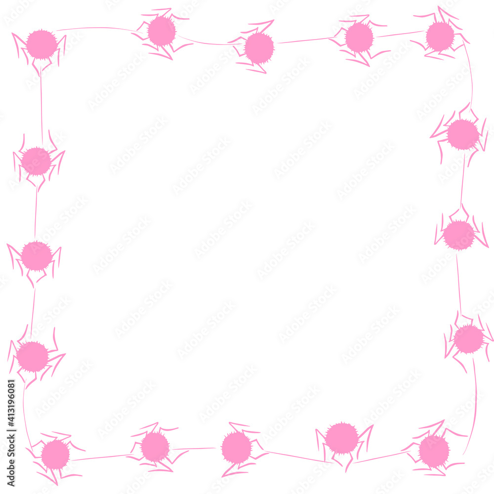Square Frame of cute little spiders. Halloween vector background. Pink and white, isolated, hand drawn illustration