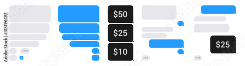 Chat app bubble phone template set. Isolated blank sms dialogue and messages bubbles, on white background. Pay with smartphone sms. Editable vector illustration.