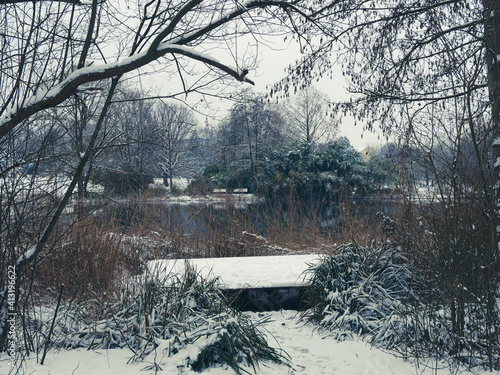 Südschwarzwald. Grüttpark Lörrach. Holzponton mit Schnee bedeckt am kleinen Grüttsee mit Ufervegetation im winter photo