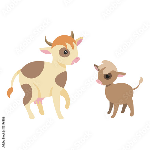 Two cute cows - mum and her baby bull. Flat minimalistic illustration for children book or web site.