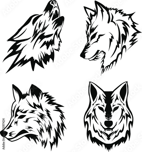 set of four wolf face. can be used for coloring page, book cover, rough sketch, t-shirt design, e-sport design sketch, mascot, logo brand 