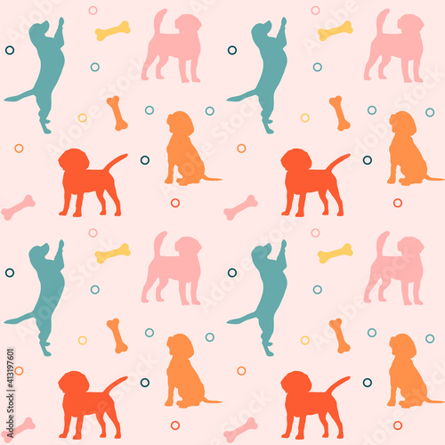 Seamless colorful pattern with dogs and bones. Background for pet shop, veterinary clinic, pet store, zoo, shelter. Flat style design, vector illustration.