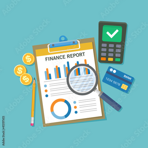 Flat vector illustration of a table top view with financial statement document. Suitable for design element of financial analysis service, investment report, and finance audit.