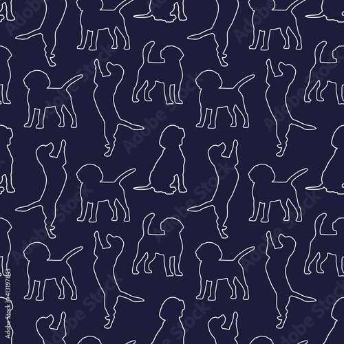 Seamless beagle pattern. Cartoon home pet, set of cute puppies for print, posters and postcard. Vector beagle animal background. Funny little doggy seamless pattern