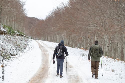 Two man walking in the forest covered with snow La Rioja © Diego