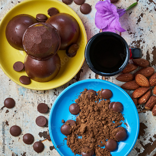 Chocolate truffles on a table.