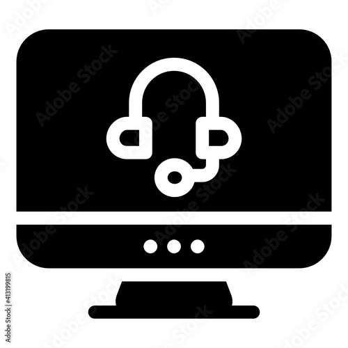 
Computer with headphones denoting glyph icon of online service

