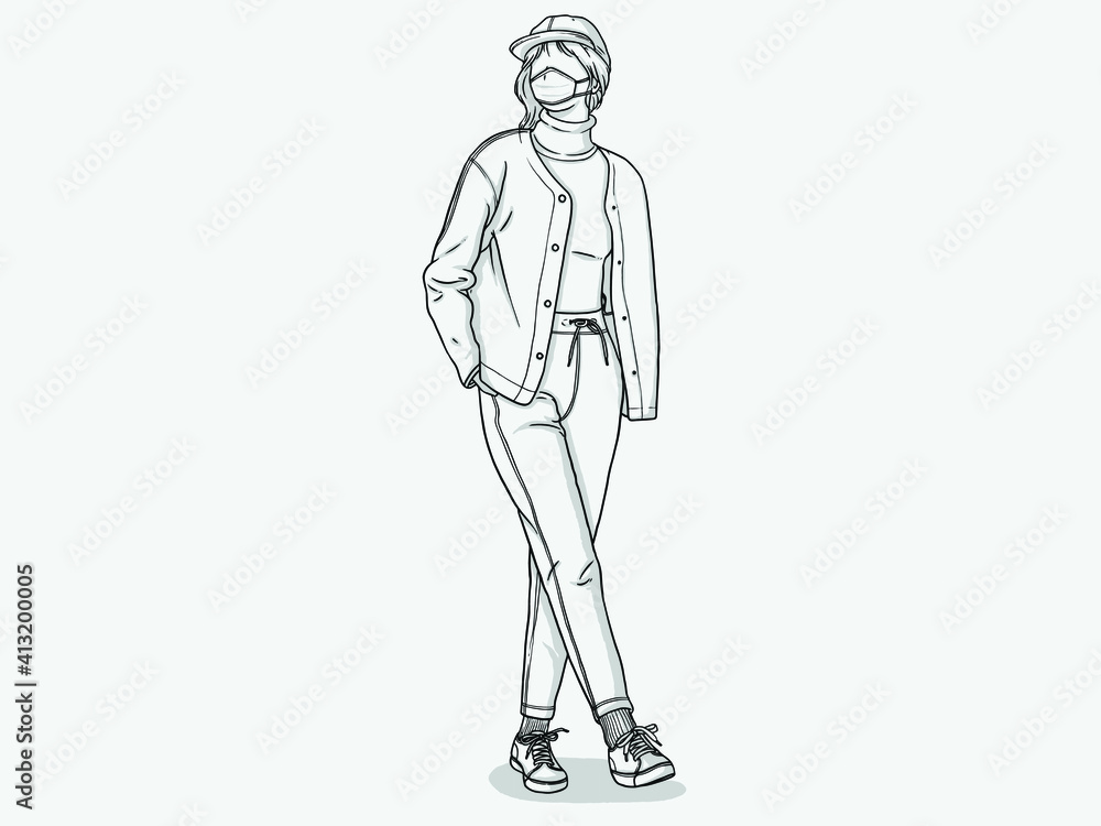 A girl with a hand in her pocket. Wear a mask. New normal. Human character on white background. Hand drawn style vector design illustrations. A girl with a hand in her pocket. Wear a mask. New normal. Human character on white background. Hand drawn style vector design illustrations.